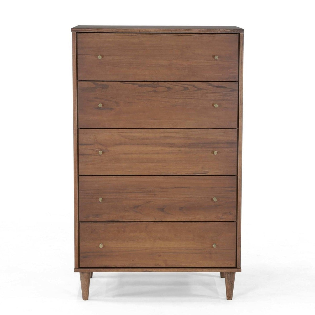 Farmhouse Rustic Walnut Mid Century 5 Drawer Chest-1