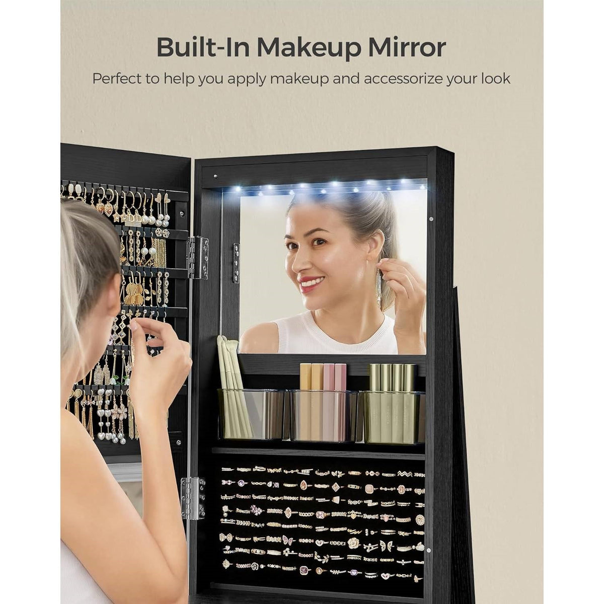 Black Wood Jewelry Cabinet Armoire Organizer Freestanding Rotating Mirror-2