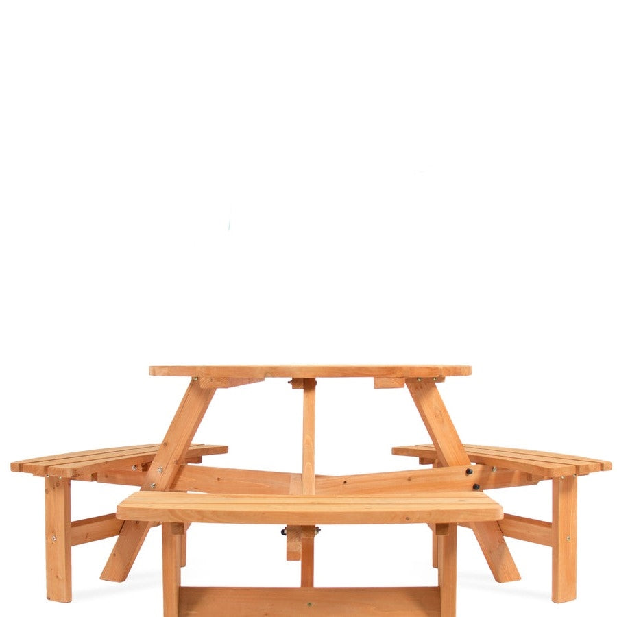 Outdoor Round Wood Picnic Table Bench Set with Umbrella Hole - Seats 6-2