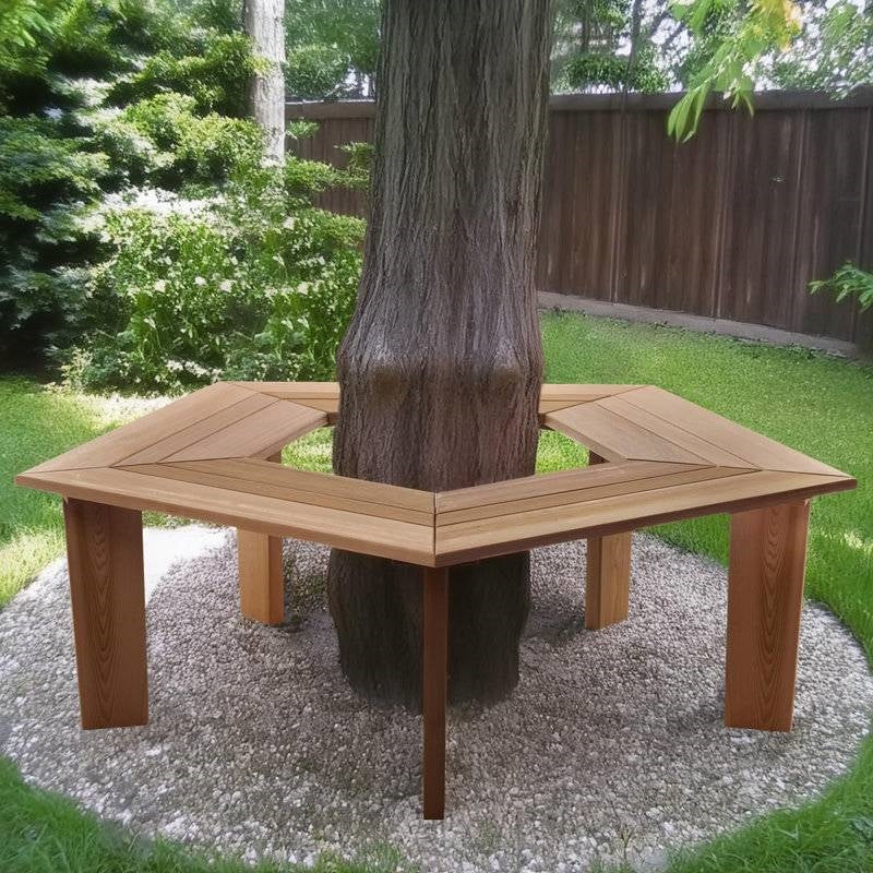Solid Cedar Wood Outdoor 5 Sided Pentagon Tree Wrap Garden Bench-1