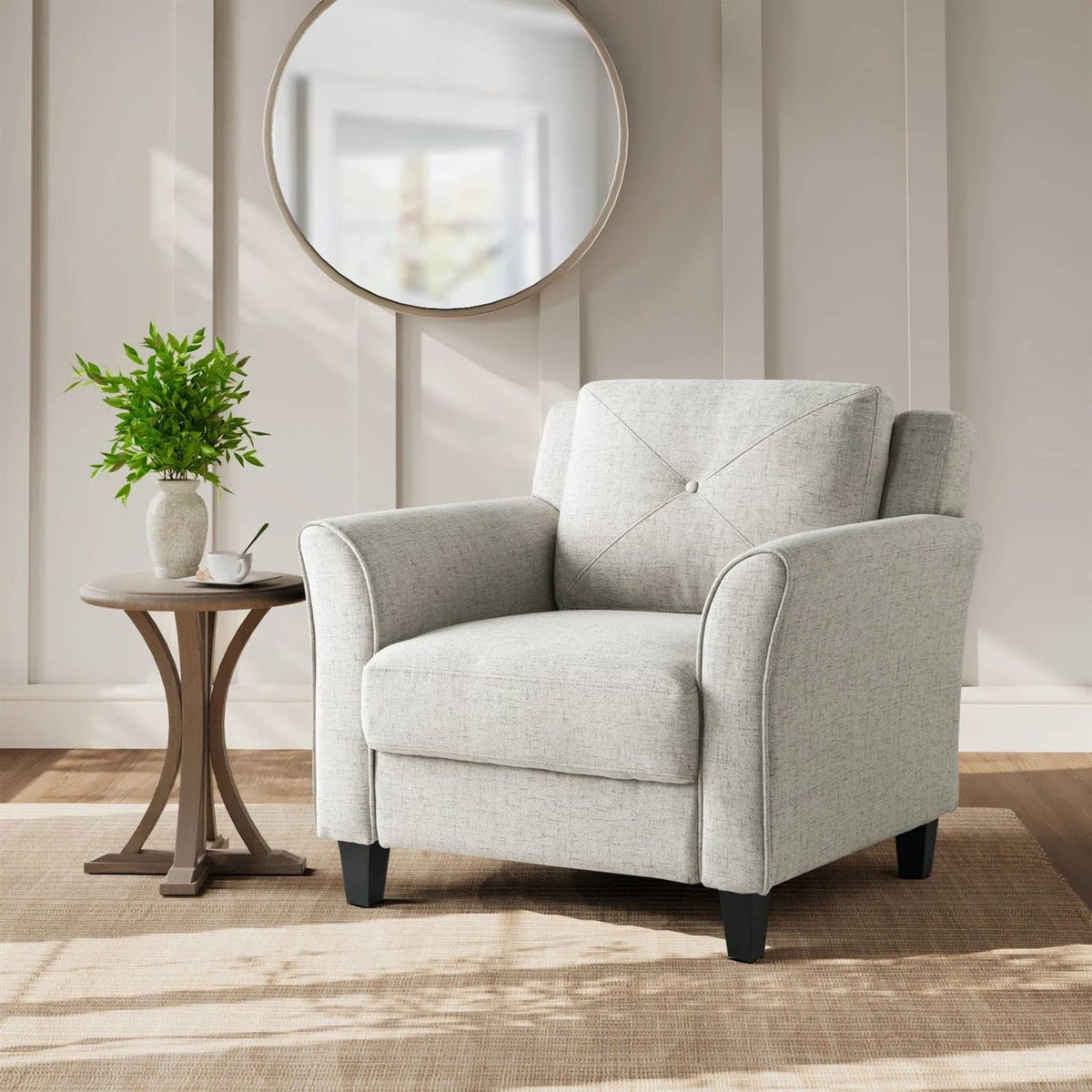 Cream Microfiber Upholstered Chair Armchair with Button Tufted Back Cushion-0