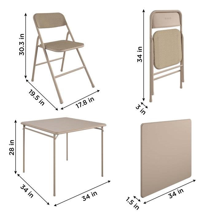 5-Piece Square Folding Dining Table with 4 Chairs Guest Set Game Table - Beige-4