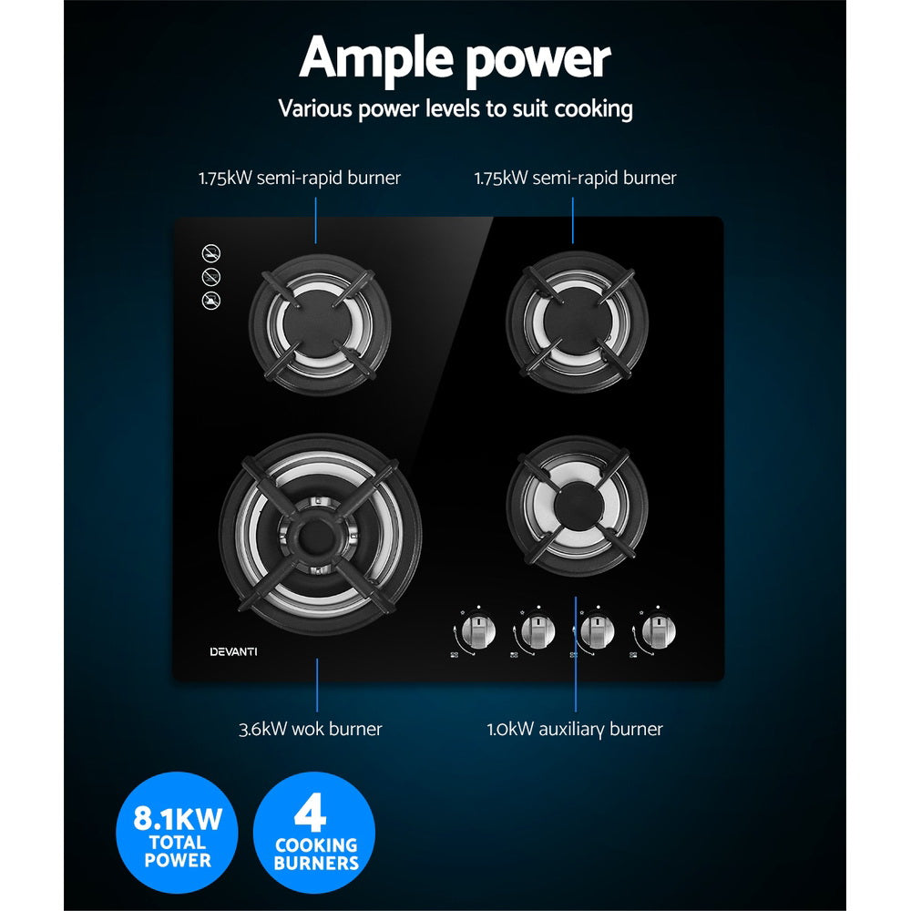 NNEDSZ Gas Cooktop 60cm 4 Burner Ceramic Glass Cook Top Stove Hob Cooker LPG NG Black-4