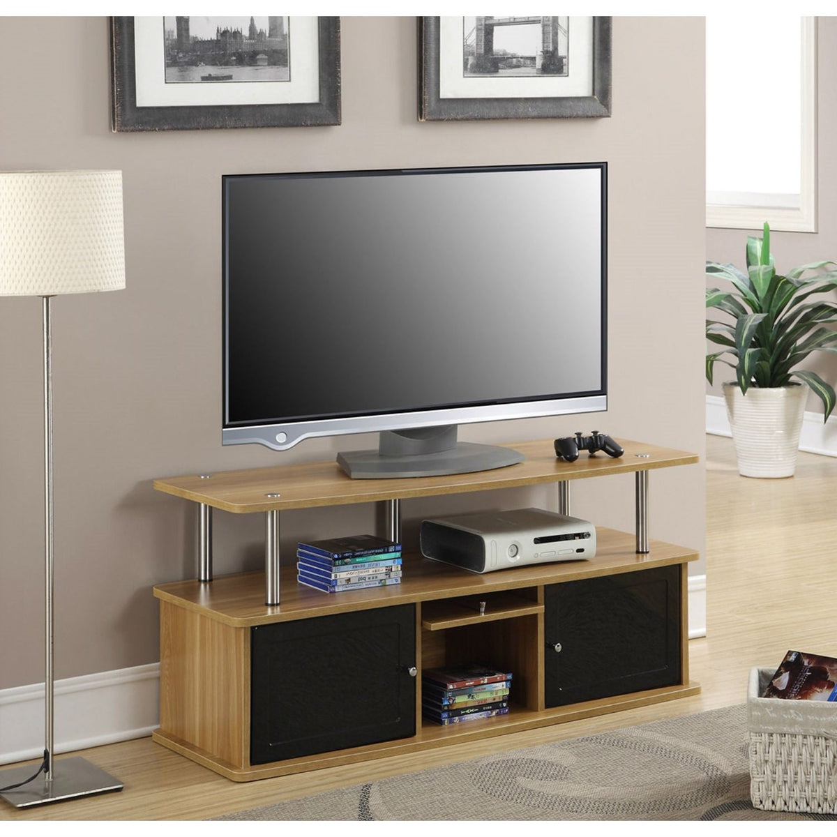 Modern 50-inch TV Stand in Light Oak / Black Wood Finish-2