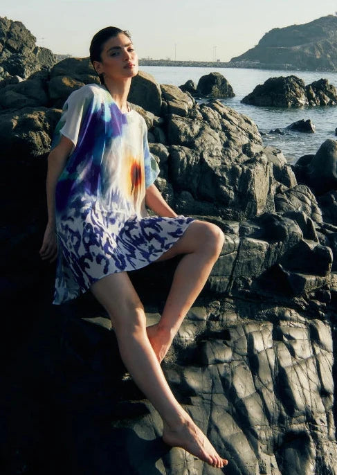 Ciel & Sand Sheer Short Kaftan Dress - Blue & Brown Beach Cover Up-1