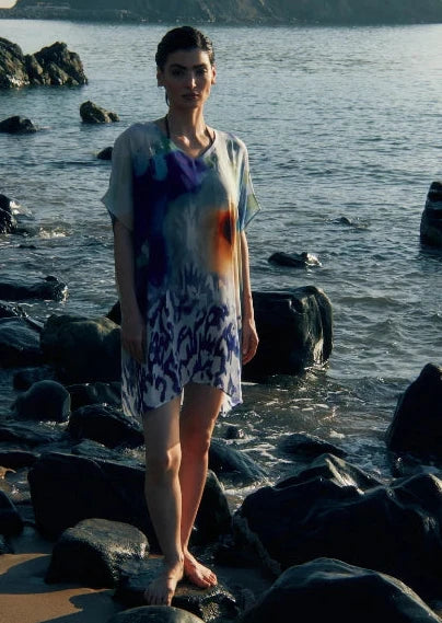 Ciel & Sand Sheer Short Kaftan Dress - Blue & Brown Beach Cover Up-2