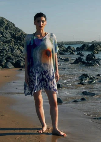 Ciel & Sand Sheer Short Kaftan Dress - Blue & Brown Beach Cover Up-3