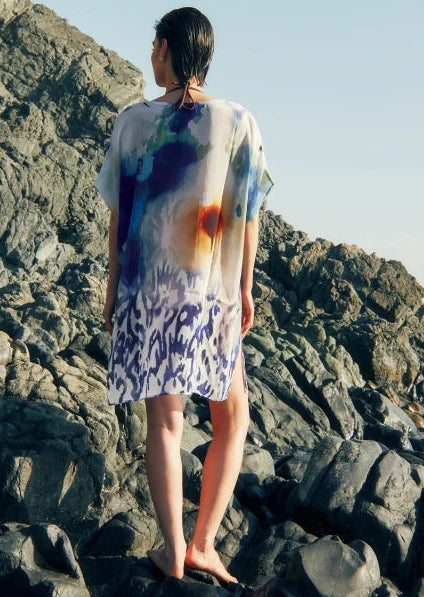 Ciel & Sand Sheer Short Kaftan Dress - Blue & Brown Beach Cover Up-4