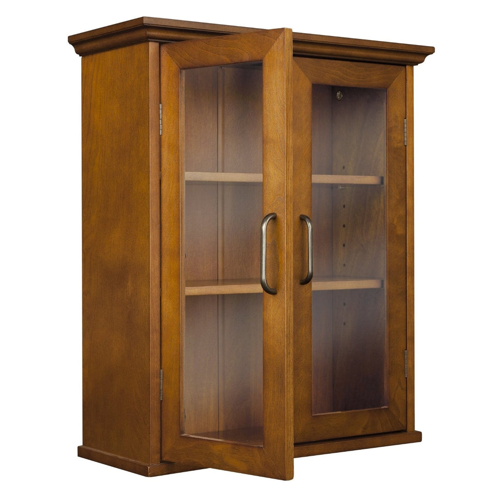 Oak Finish Bathroom Wall Cabinet with Glass  2-Doors & Shelves-2