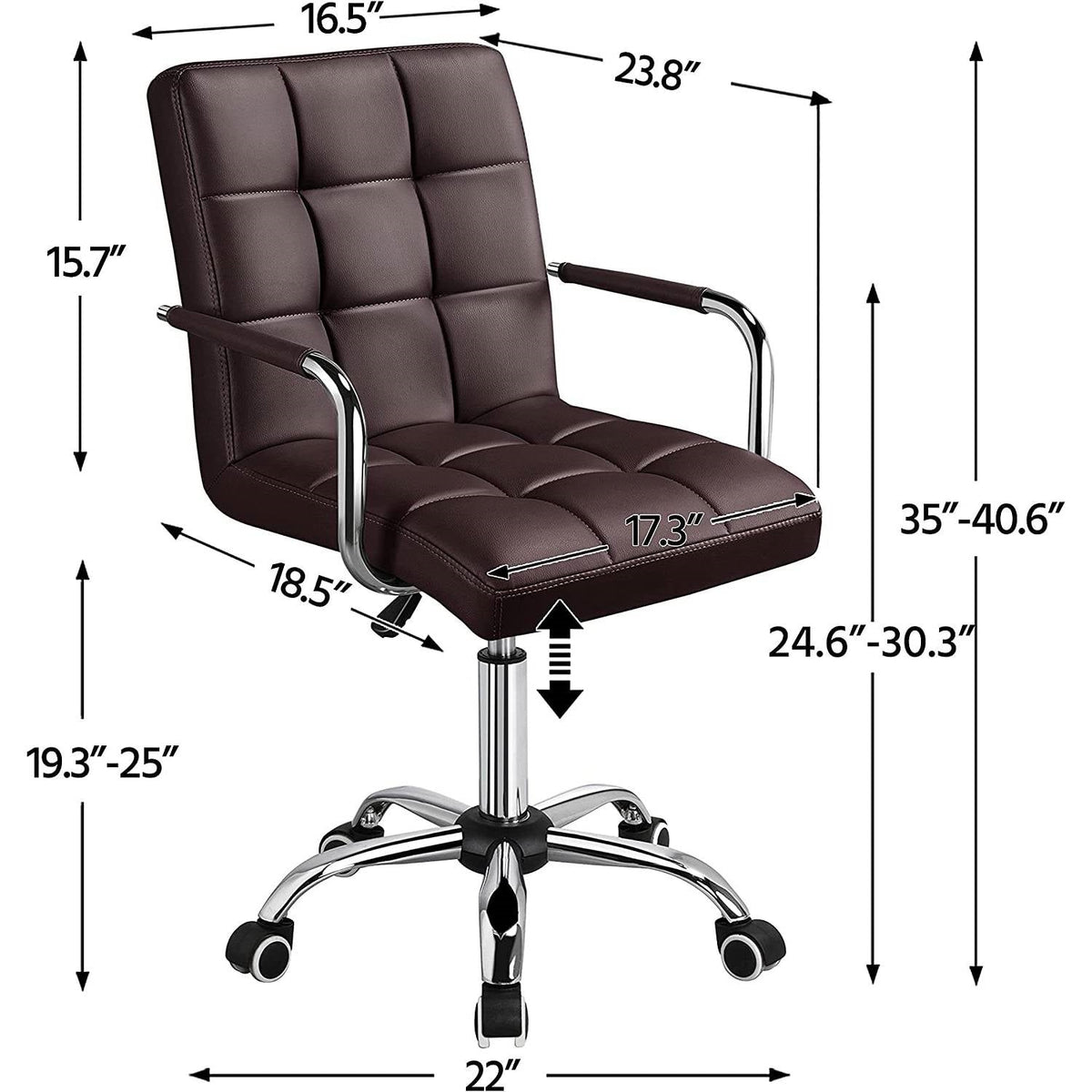 Dark Brown Modern Faux Leather Mid-Back Office Chair with Armrests and Wheels-3