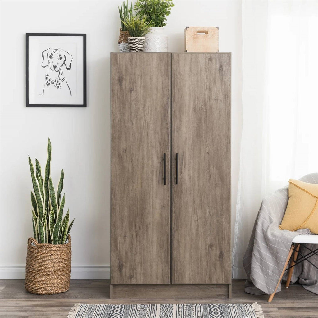 Bedroom Armoire Wardrobe Cabinet with Hanging Rail in Grey Brown Wood Finish-0