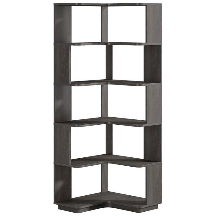 Multifunctional 6 Shelf Corner L-Shaped Bookcase in Dark Grey Wood Finish-0