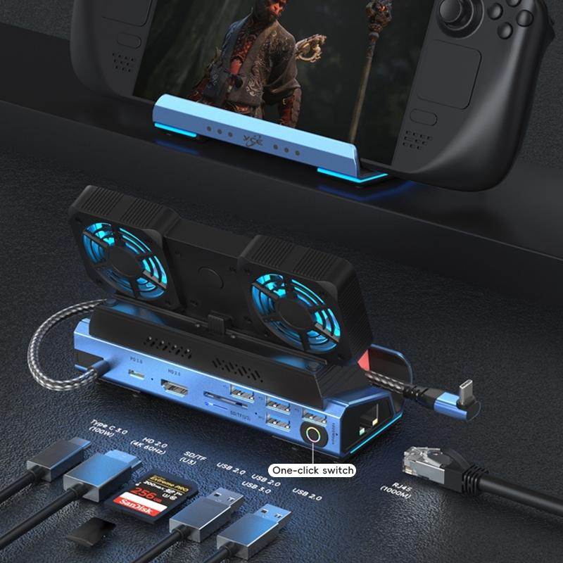 NNEIDS 9-In-1 Usb-C Gaming Dock With Detachable Fan - Blue / Black-0