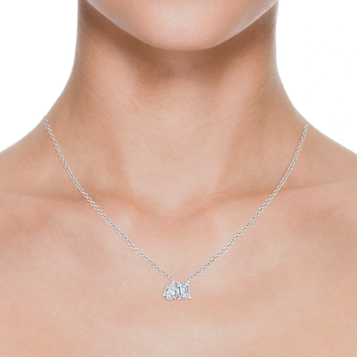 AGI Certified Lab-Grown Emerald-Cut & Pear Diamond Two-Stone Pendant in 14K White Gold – Choice of 1ctw or 2ctw-3