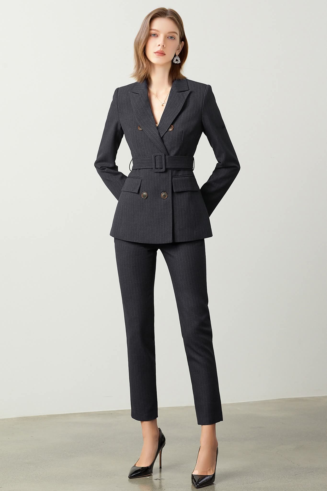 The Noir Élan Belted Stripped Suit-2
