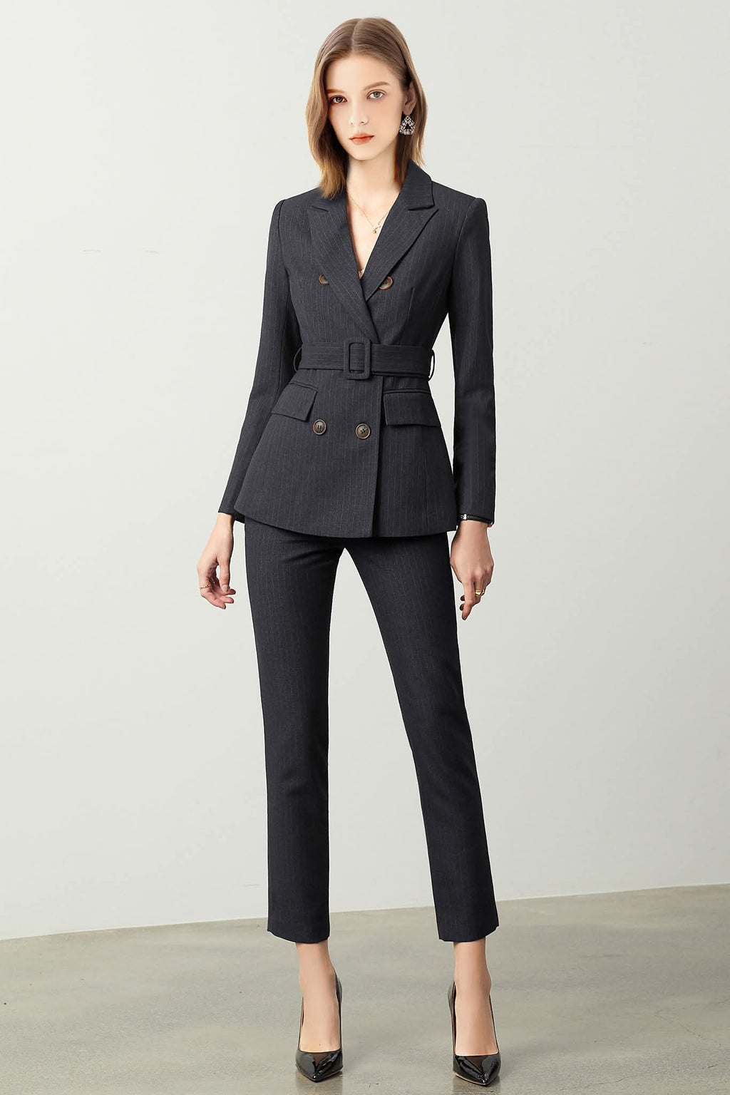 The Noir Élan Belted Stripped Suit-0