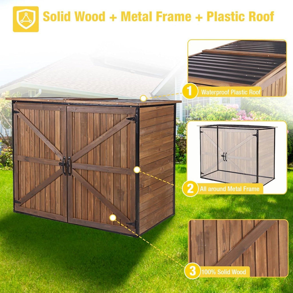 Large Wooden Outdoor Storage Cabinet Trash Can Storage Shed-2