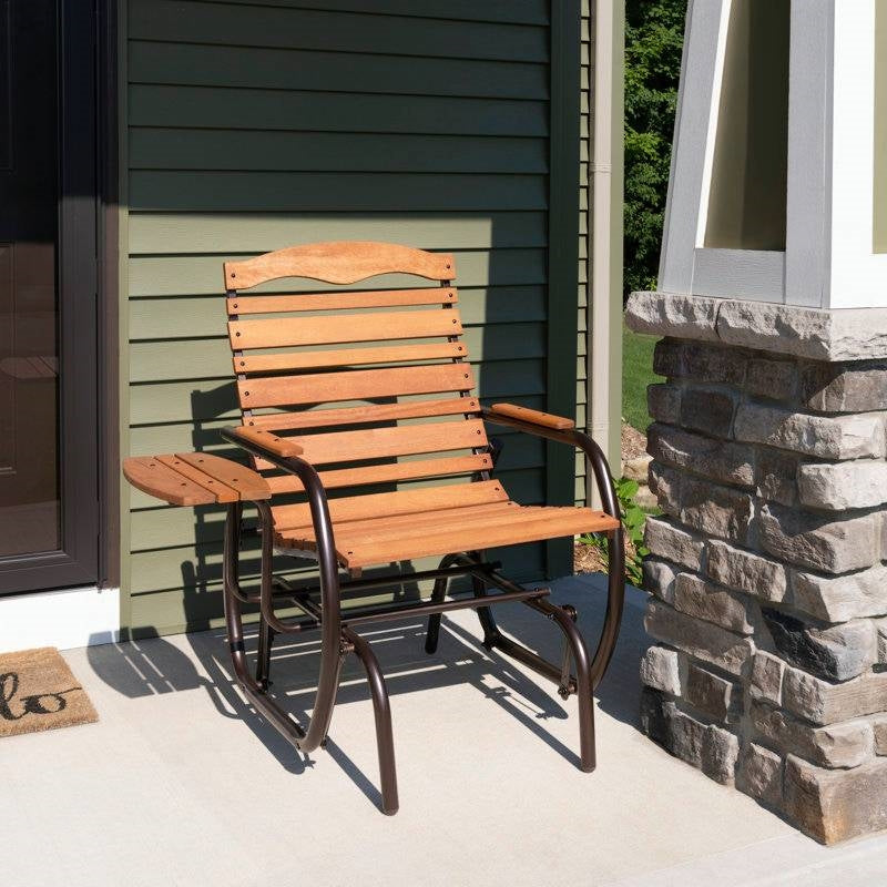 Farmhouse Steel Frame Outdoor Glider Chair with Wood Slats and Side Tray Table-0