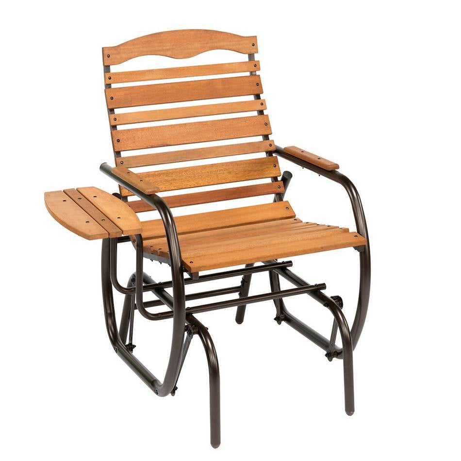 Farmhouse Steel Frame Outdoor Glider Chair with Wood Slats and Side Tray Table-1