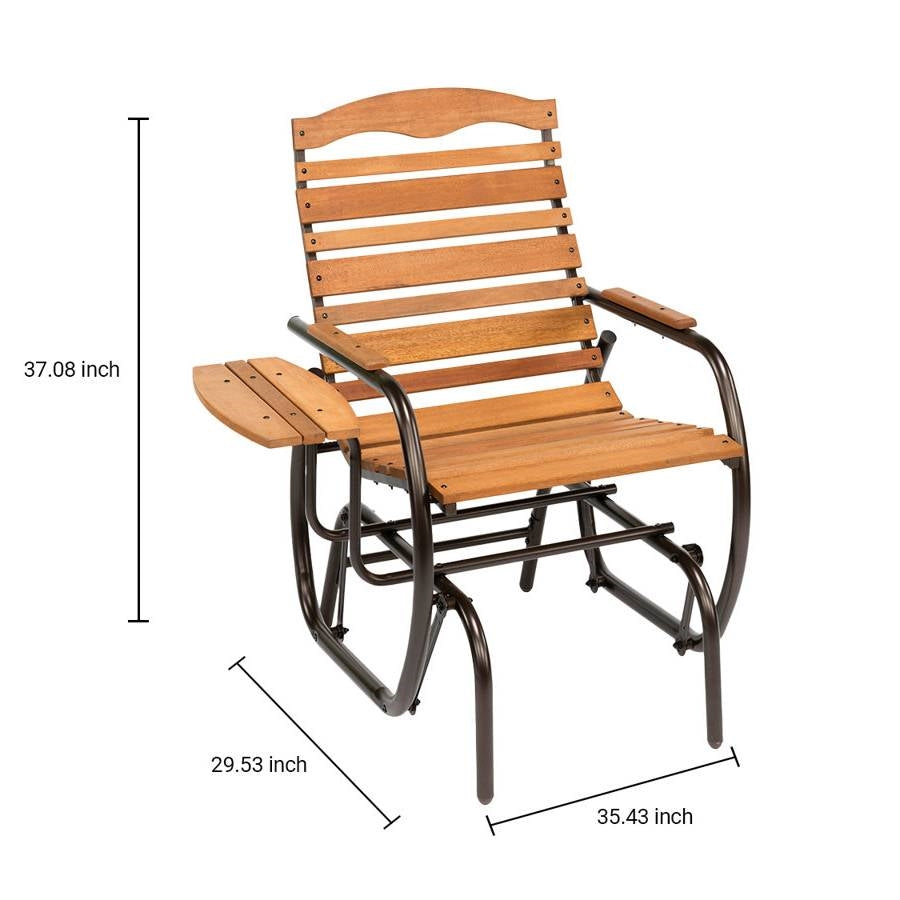 Farmhouse Steel Frame Outdoor Glider Chair with Wood Slats and Side Tray Table-3