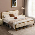 Full size Beige Upholstered Headboard Footboard Platform Bed with Gold Metal Frame-0