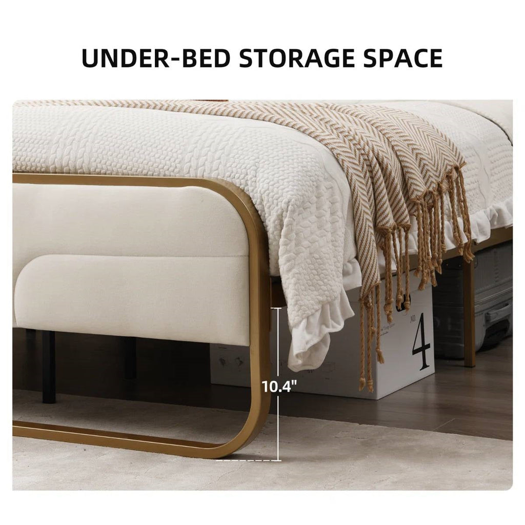 Full size Beige Upholstered Headboard Footboard Platform Bed with Gold Metal Frame-2