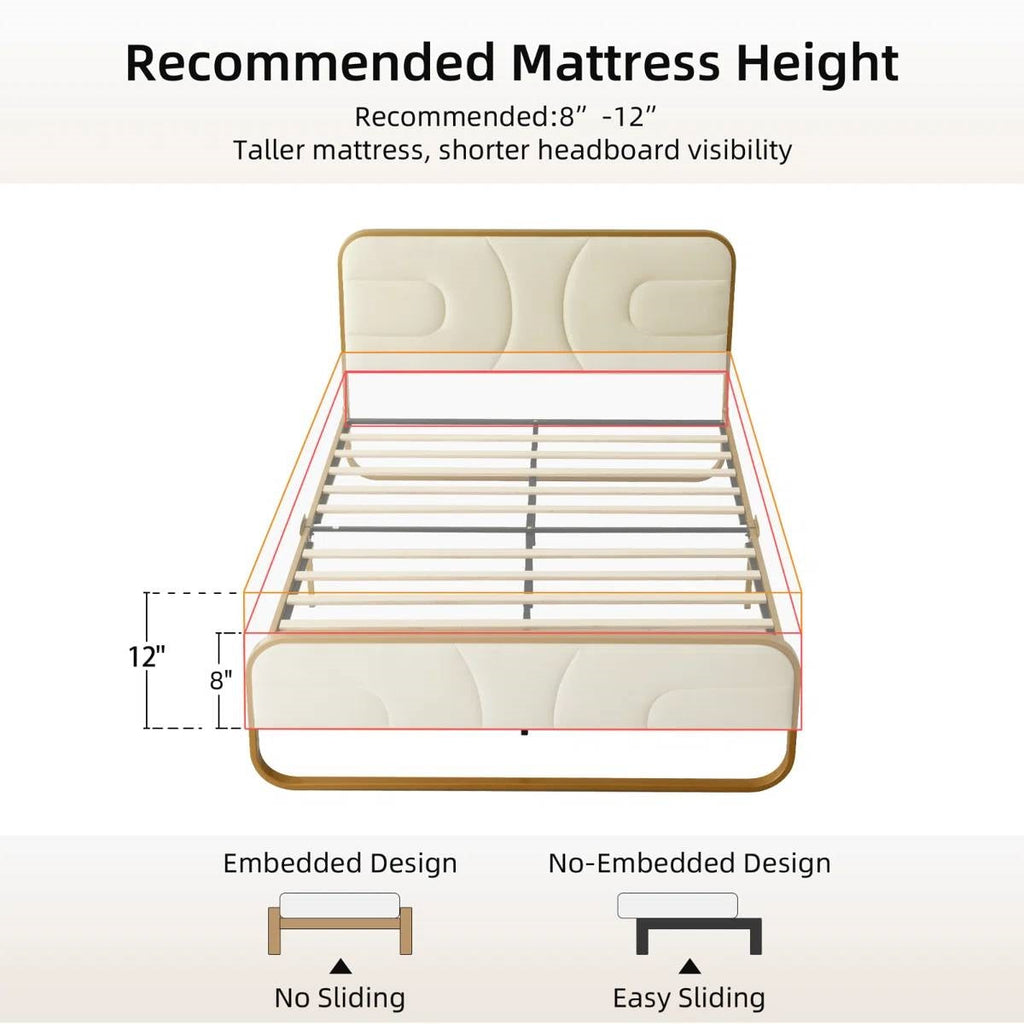 Full size Beige Upholstered Headboard Footboard Platform Bed with Gold Metal Frame-3
