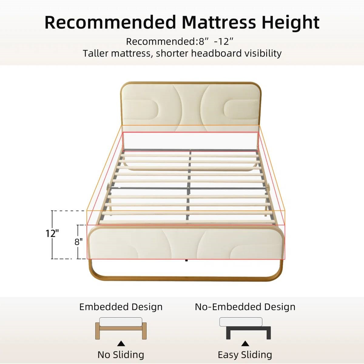 Full size Beige Upholstered Headboard Footboard Platform Bed with Gold Metal Frame-3