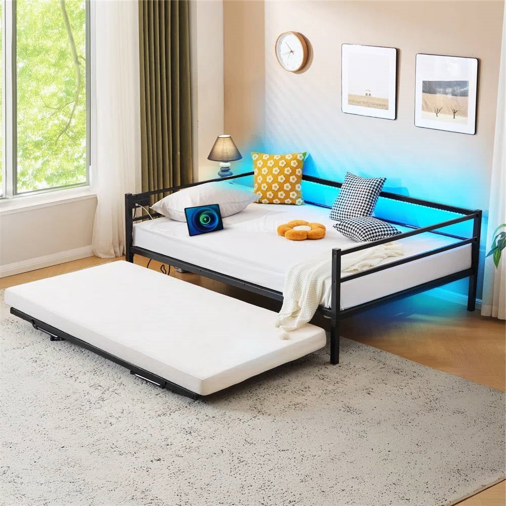 Full size Black Metal Daybed with Twin size Pop Up Trundle and LED Lights-0