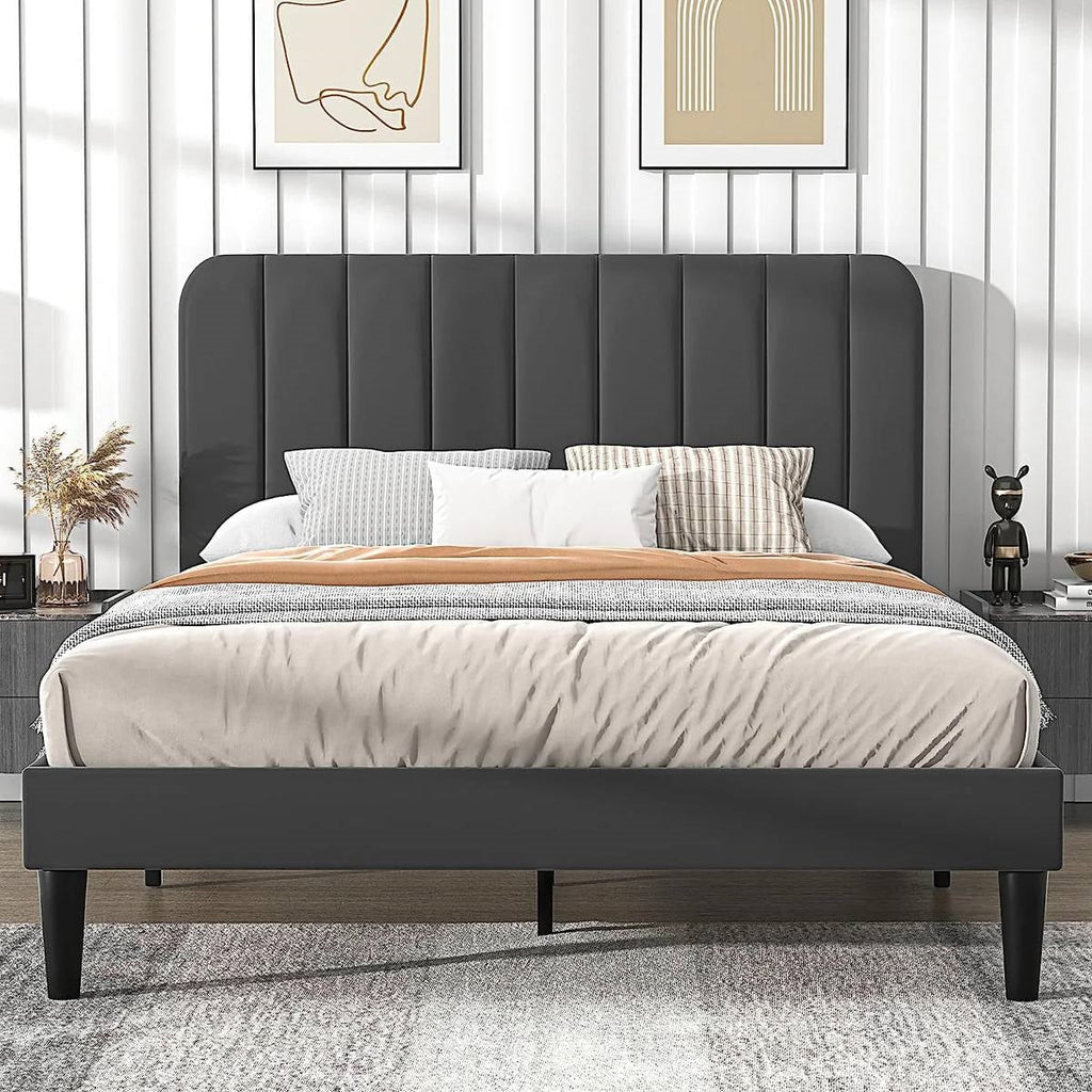 Full size Dark Grey Upholstered Platform Bed Frame with Headboard-0