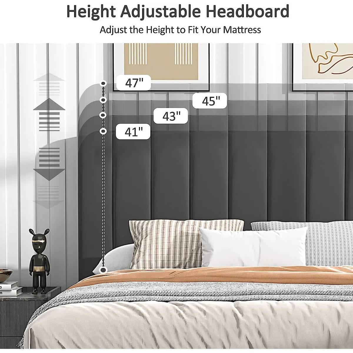 Full size Dark Grey Upholstered Platform Bed Frame with Headboard-3