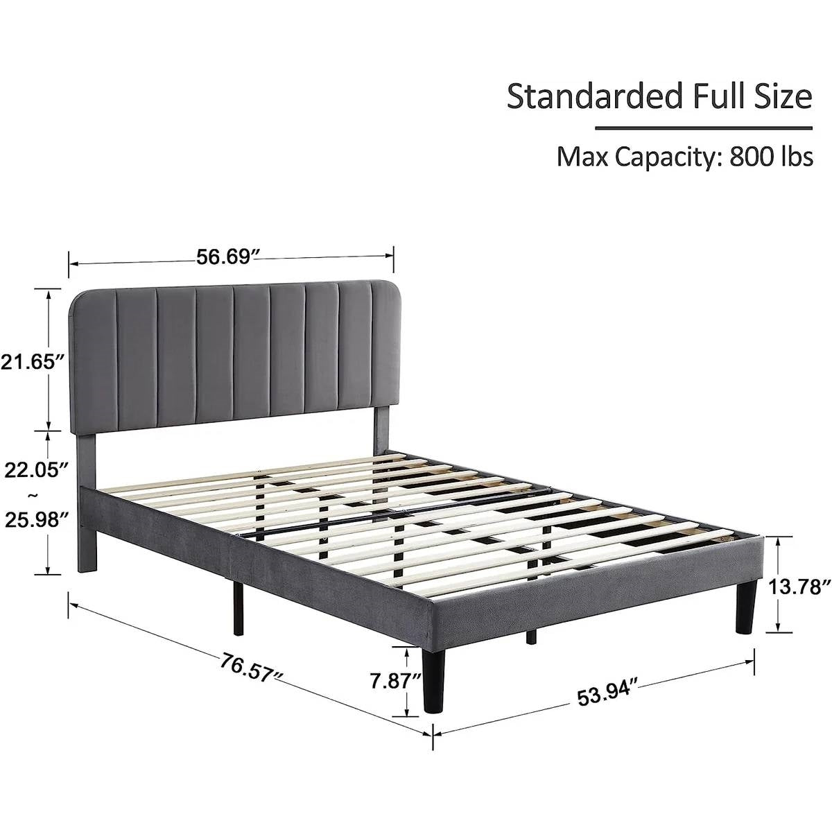 Full size Dark Grey Upholstered Platform Bed Frame with Headboard-4