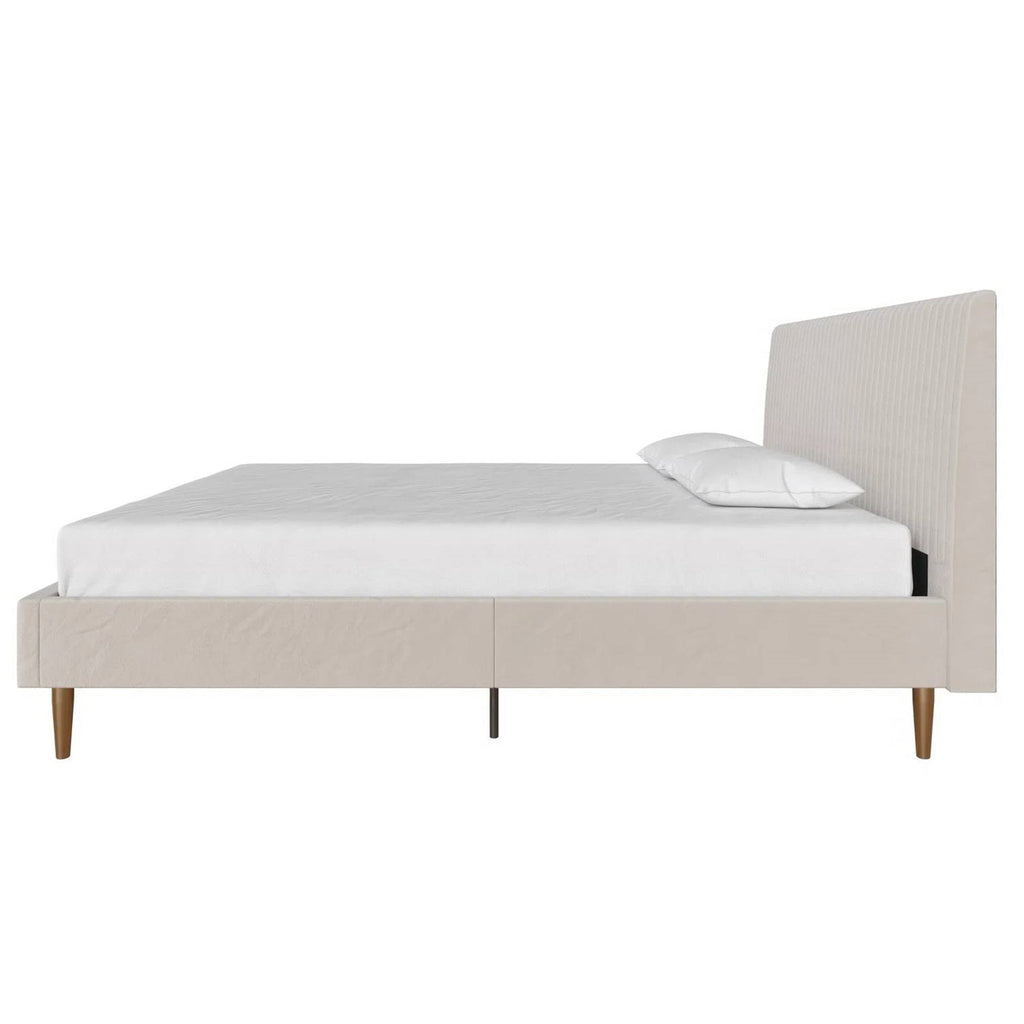 Full size Off-White Ivory Cream Upholstered Platform Bed Frame with Headboard-3
