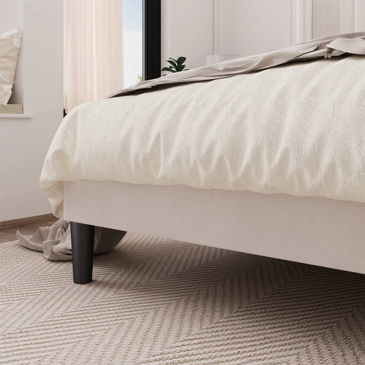 Full size White Velvet Upholstered Platform Bed Frame with Wingback Headboard-2