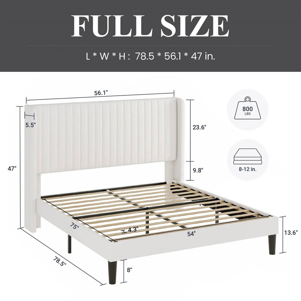 Full size White Velvet Upholstered Platform Bed Frame with Wingback Headboard-4