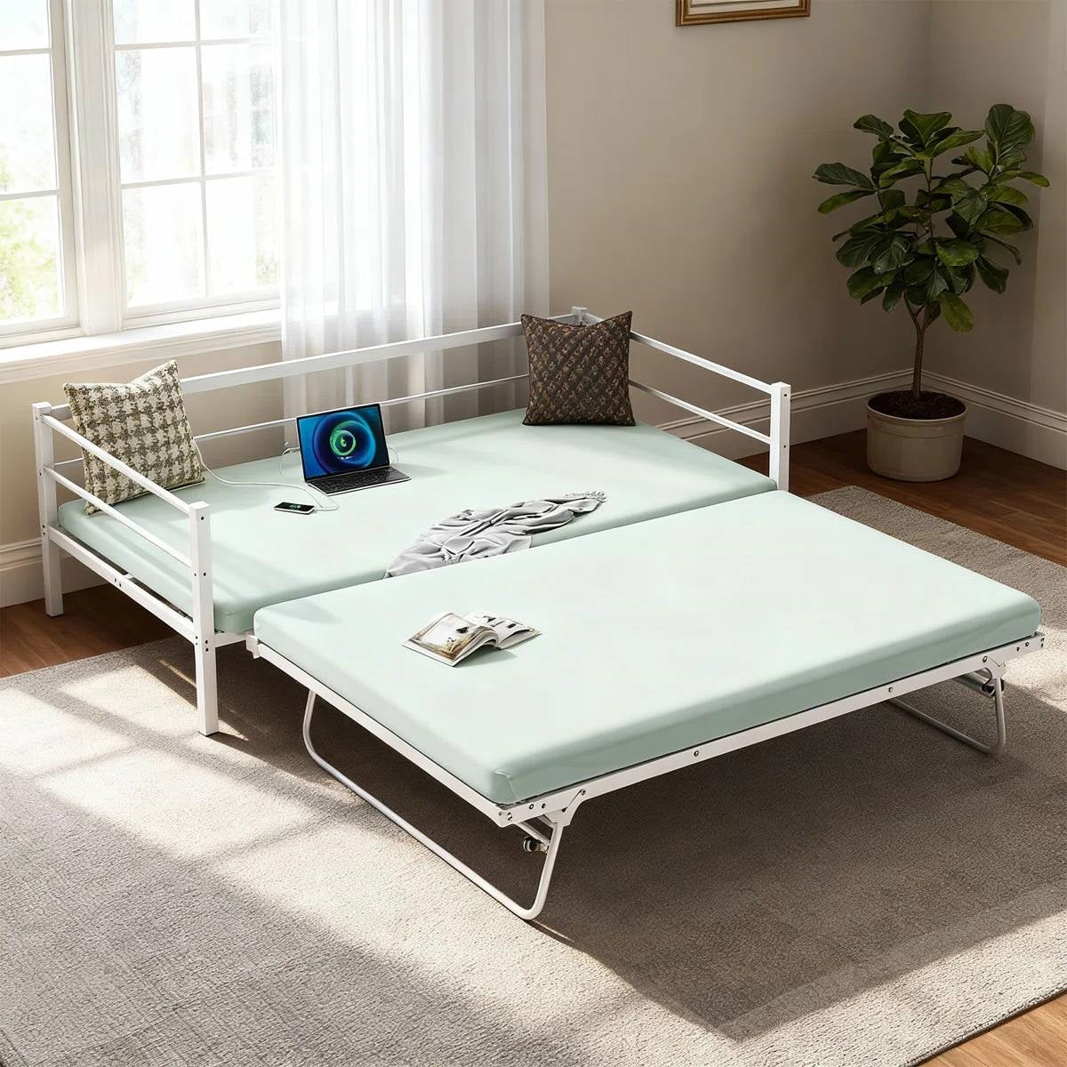 Full size White Metal Daybed with Twin size Pop Up Trundle and LED Lights-0