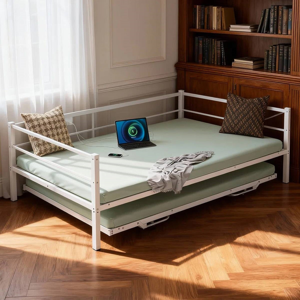 Full size White Metal Daybed with Twin size Pop Up Trundle and LED Lights-1