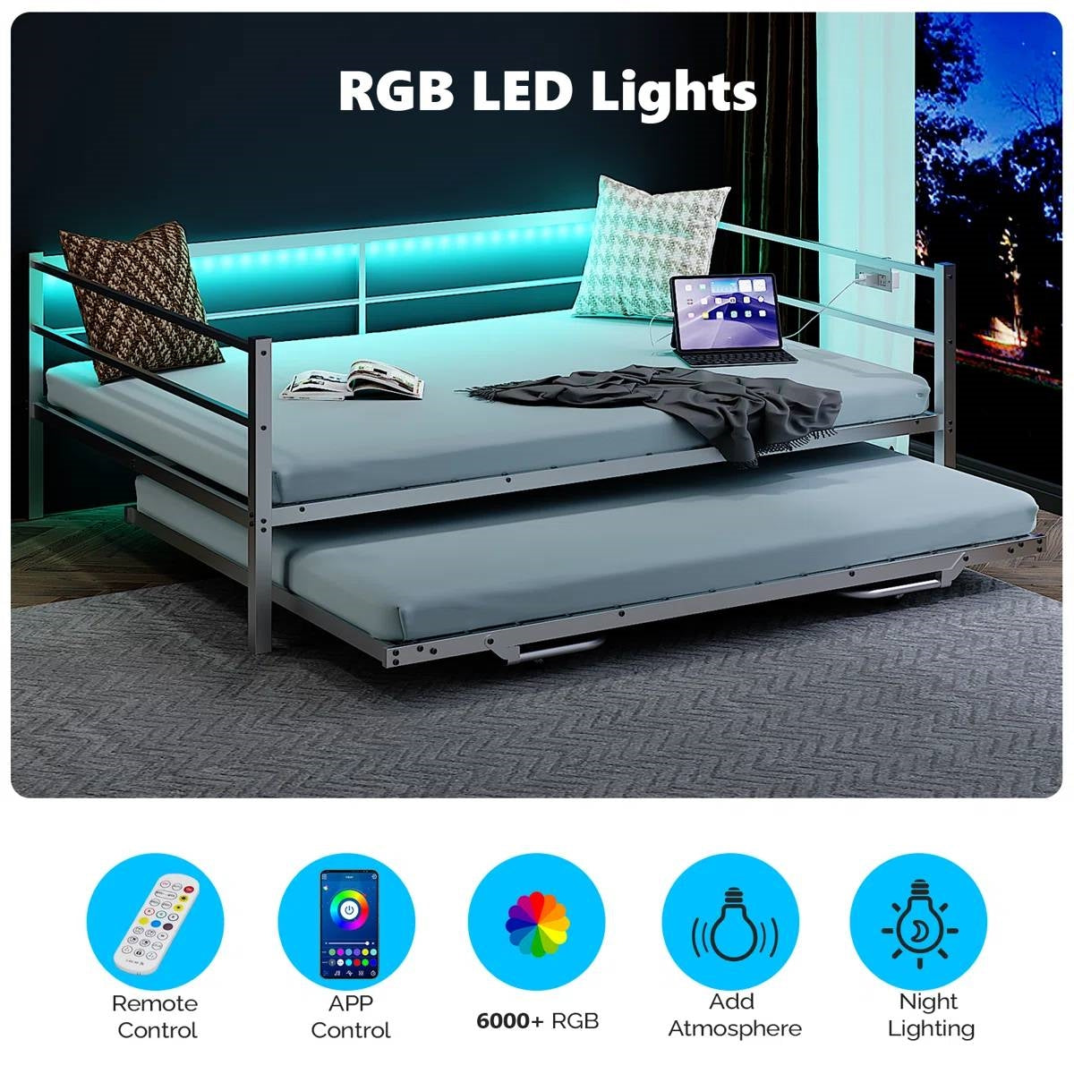 Full size White Metal Daybed with Twin size Pop Up Trundle and LED Lights-2