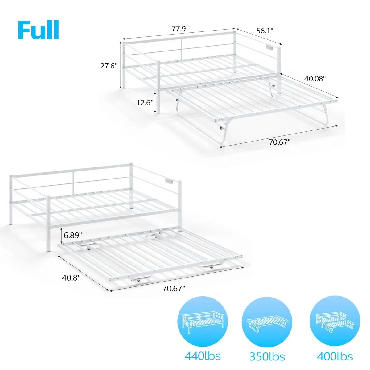 Full size White Metal Daybed with Twin size Pop Up Trundle and LED Lights-4