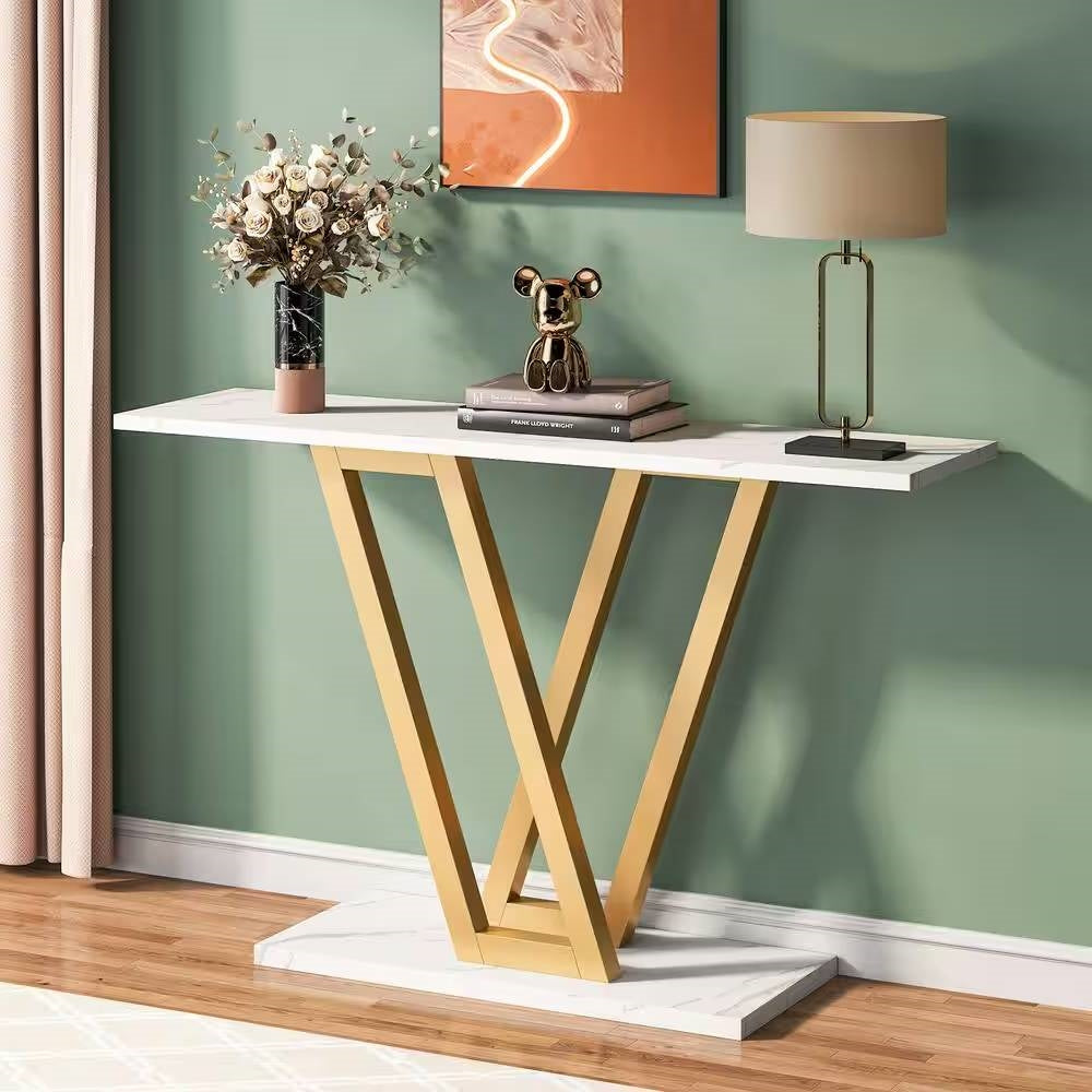 Modern Industrial Console Table with Faux White Marble Top and Gold Frame-1