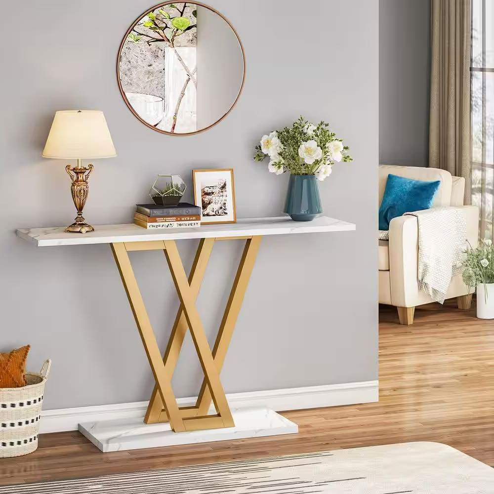 Modern Industrial Console Table with Faux White Marble Top and Gold Frame-2