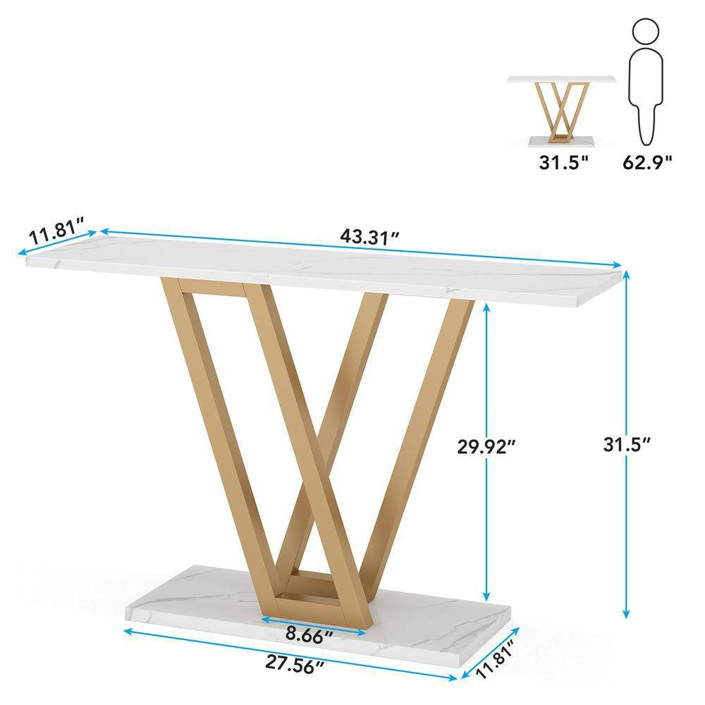 Modern Industrial Console Table with Faux White Marble Top and Gold Frame-4