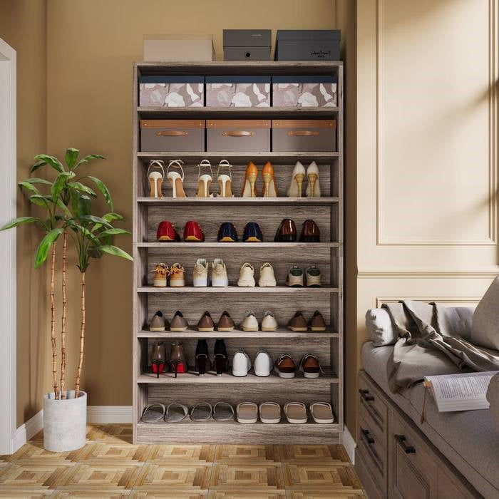 8-Shelf Shoe Rack Storage Cabinet in Grey Wood Finish - Holds Up To 45 Pairs-2
