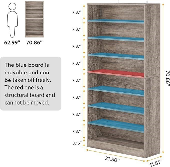 8-Shelf Shoe Rack Storage Cabinet in Grey Wood Finish - Holds Up To 45 Pairs-4
