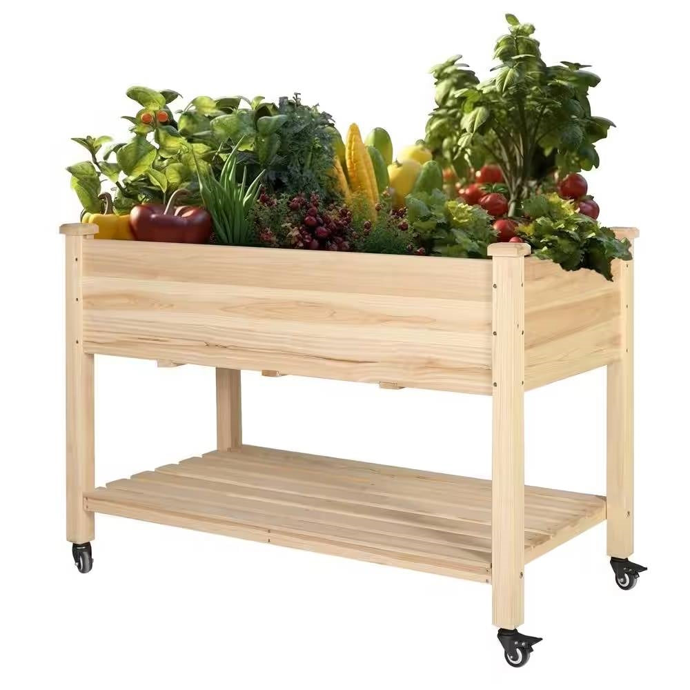 Outdoor Wood Raised Garden Bed Planter Box Cart on Wheels 46-inch x 22-inch-0