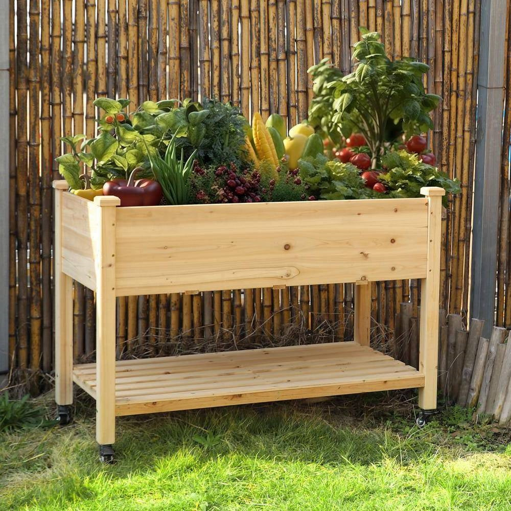 Outdoor Wood Raised Garden Bed Planter Box Cart on Wheels 46-inch x 22-inch-1