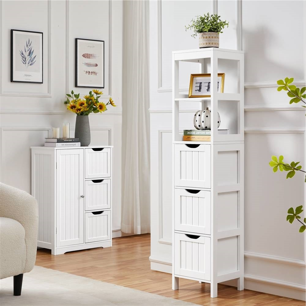 Bathroom Cabinet Tower with 3 Storage Drawers and 2 Shelves in White Wood Finish-1