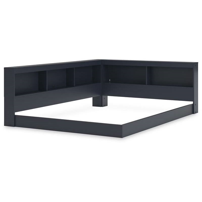 Full size Blue Wooden Corner Storage Bed with Bookcase Headboard and USB Ports-3