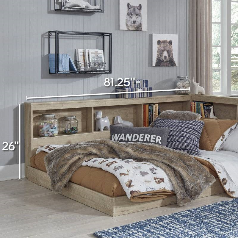 Full size Natural Wood Corner Storage Bed with Bookcase Headboard and USB Ports-4