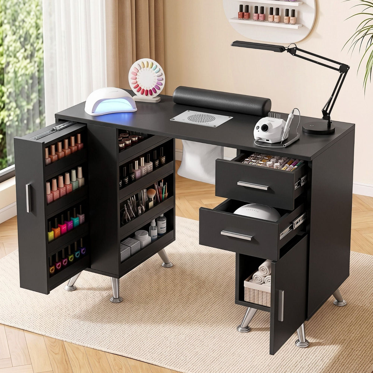 Artiss Manicure Table Nail Desk with Built-in Dust Collector Beauty Salon Station Drawers Shelves Wrist Cushion Black-0